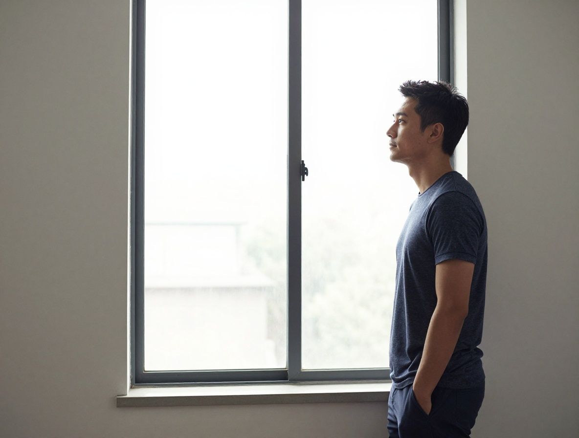 Man standing at a large window in soft morning light, gazing outward with a calm, reflective expression, in a quiet interior space