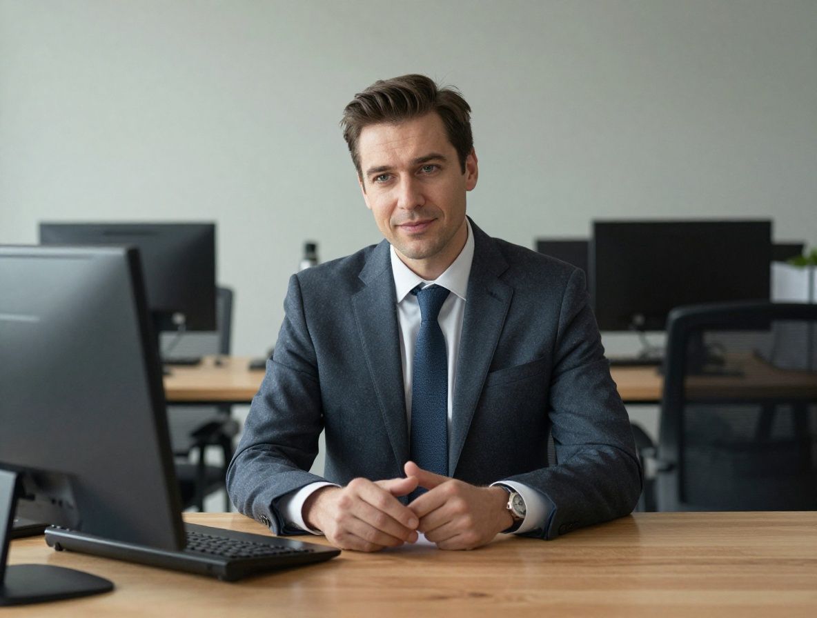 Man in a neat office environment reviewing documents at a wooden desk, professional setting with natural daylight and organized workspace
