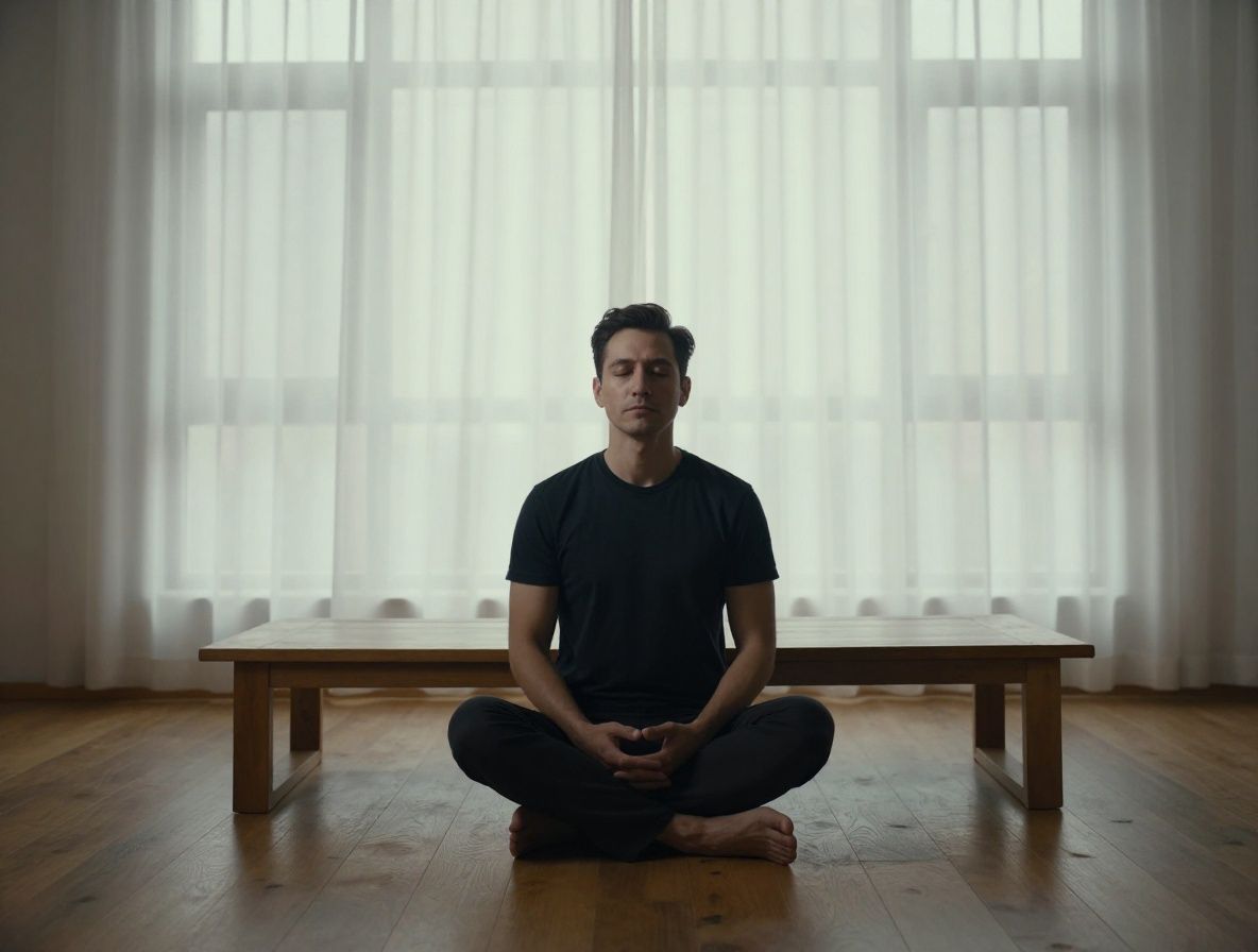 Man sitting cross-legged on a wooden floor near a low table, eyes closed in a serene, minimal room with soft diffused light through sheer curtains