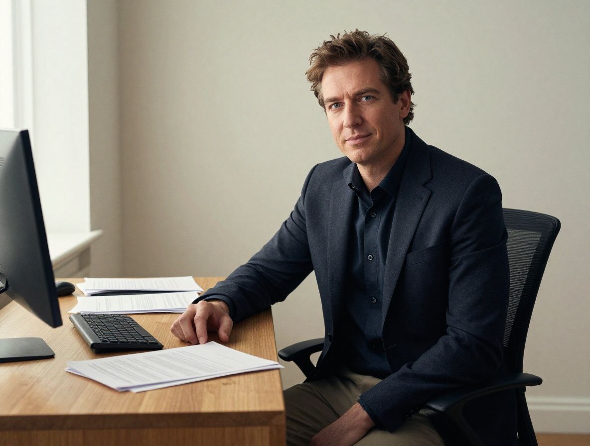 Man sitting at a wooden desk near a window with soft natural light, papers arranged neatly, calm and focused indoor workspace