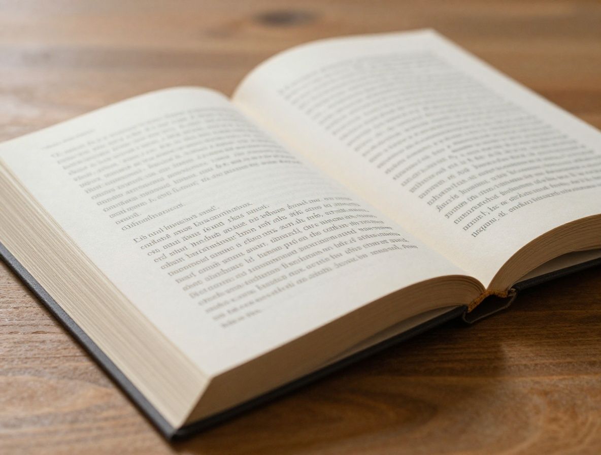 Close-up of an open book on a wooden table with warm ambient light, suggesting careful reading and intellectual reflection