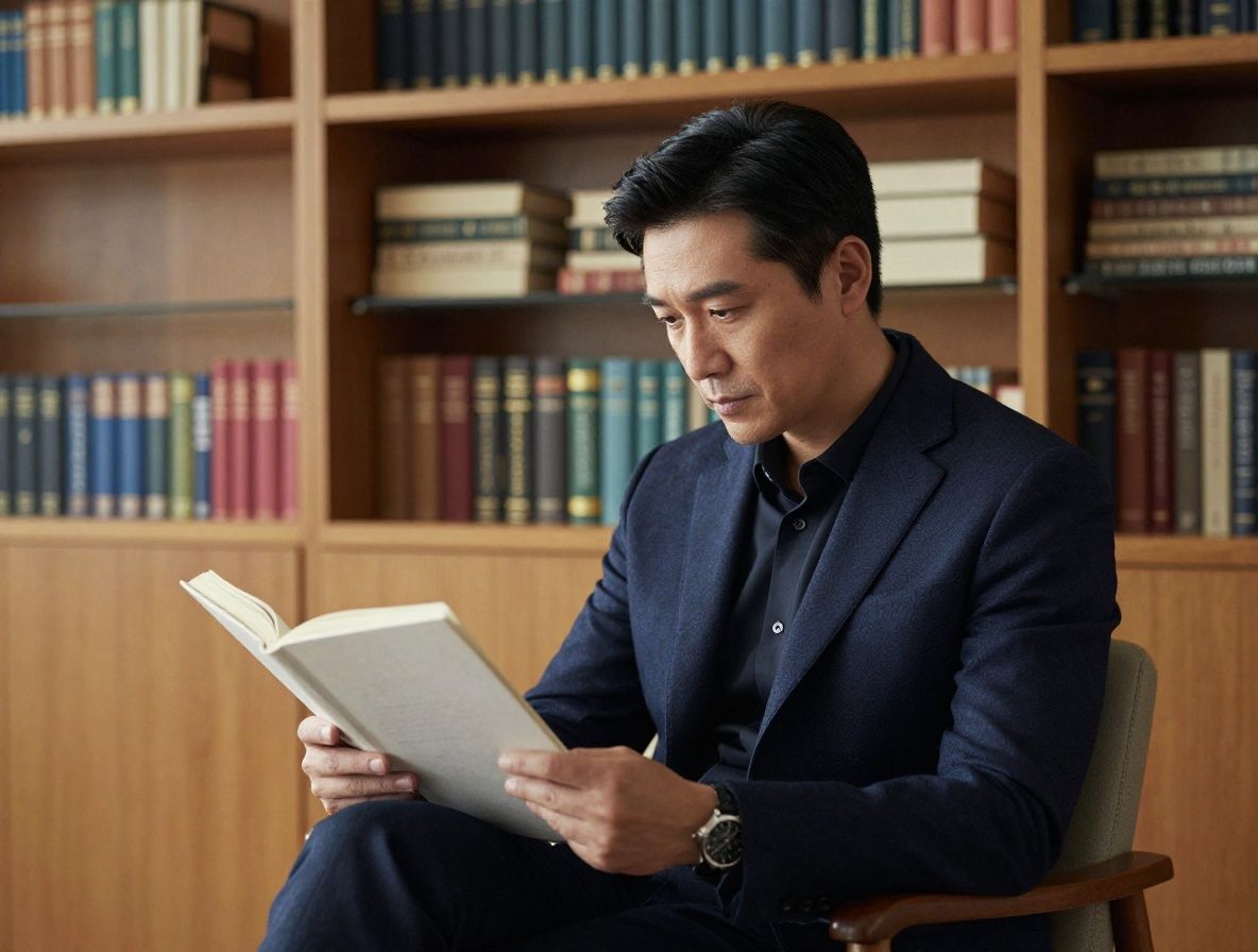 Man reading in a quiet, well-lit study with wooden shelving and stacked books, focused expression in a calm indoor environment